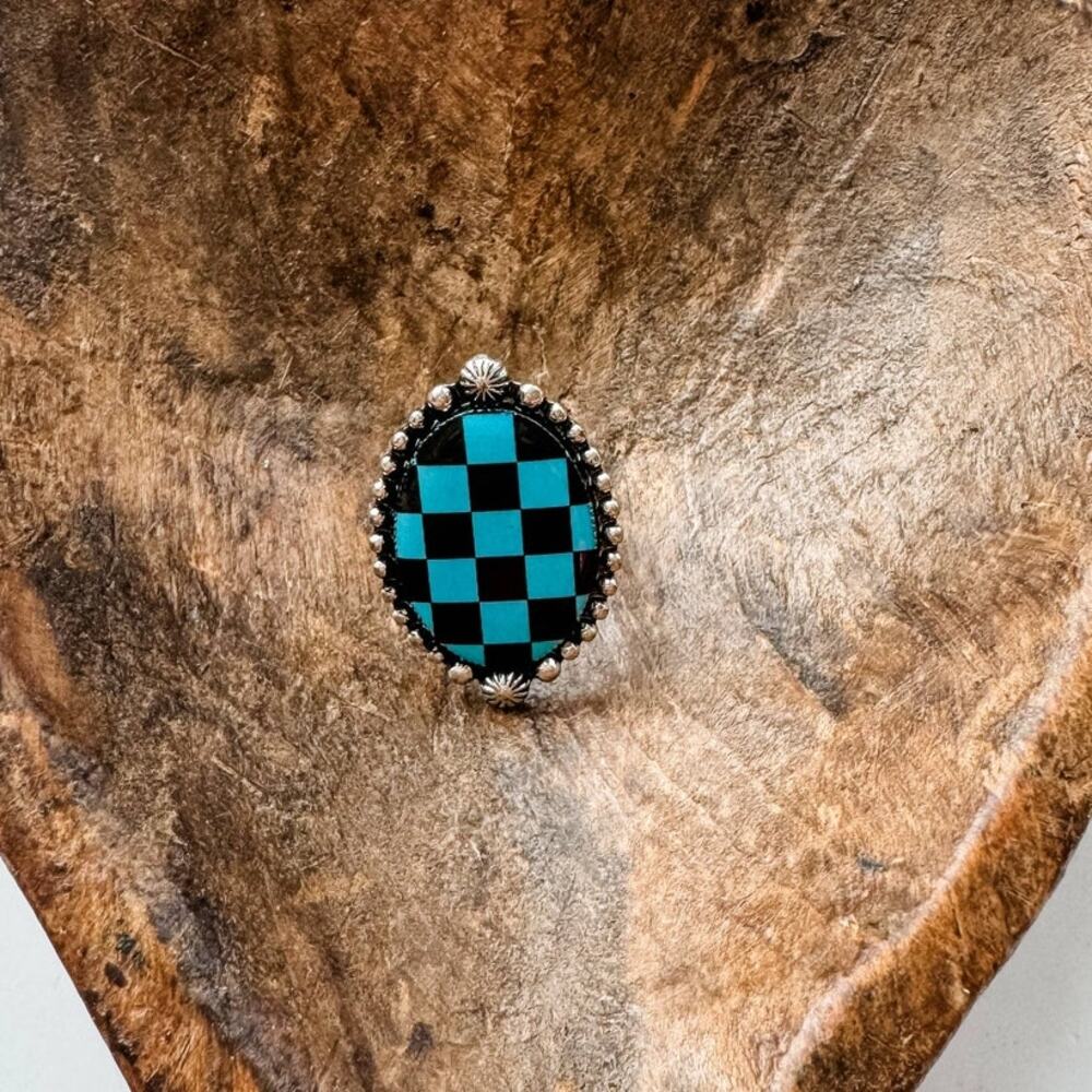 Western Cuff Ring Oval Black Turquoise Checkered